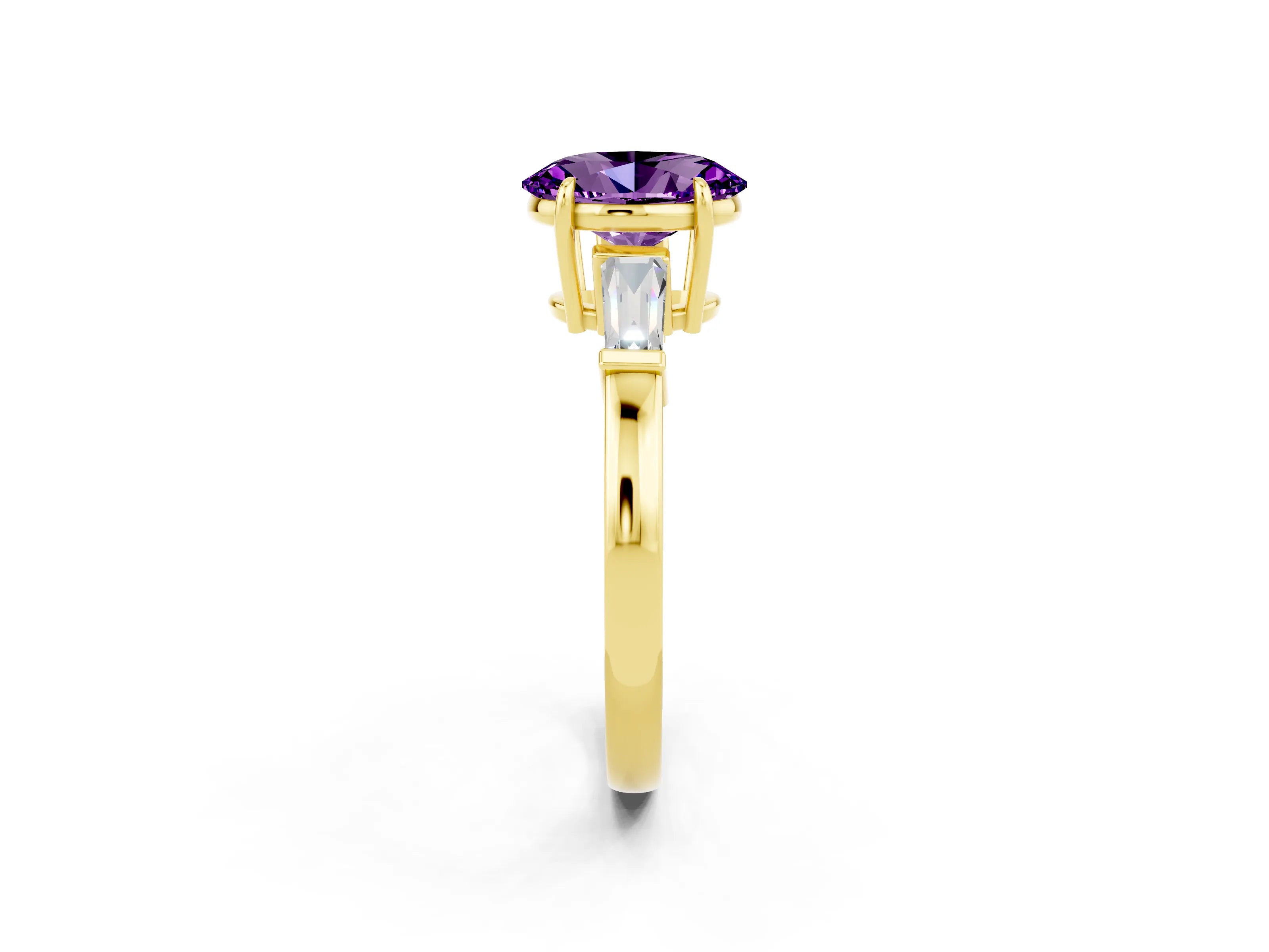 Yellow gold Oval Cut Cut Diamond Ring with Tapered Baguette Side Stones in Four-Prong Setting_2