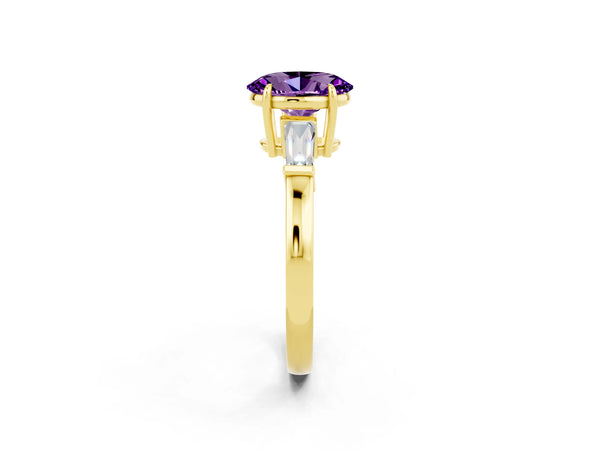 Yellow gold Oval Cut Amethyst Three-Stone Ring with Tapered Baguette Side Stones and Prong Setting