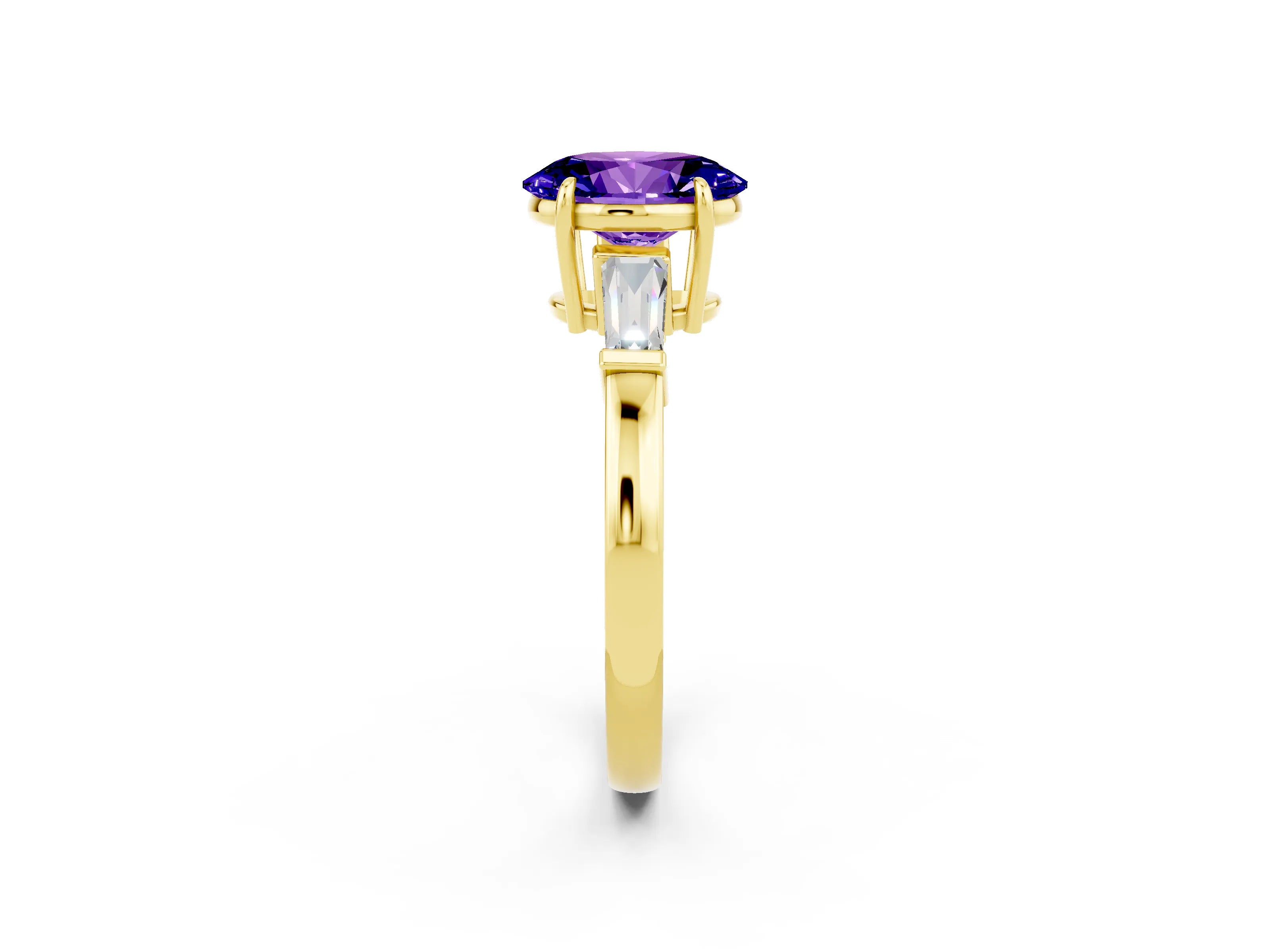 Yellow gold Oval Cut Cut Diamond Ring with Tapered Baguette Side Stones in Four-Prong Setting_2