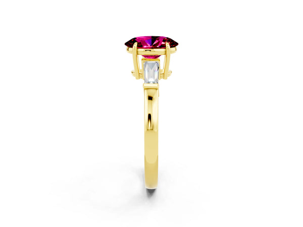 Yellow gold Oval Cut Garnet Three-Stone Ring with Tapered Baguette Side Stones and Prong Setting