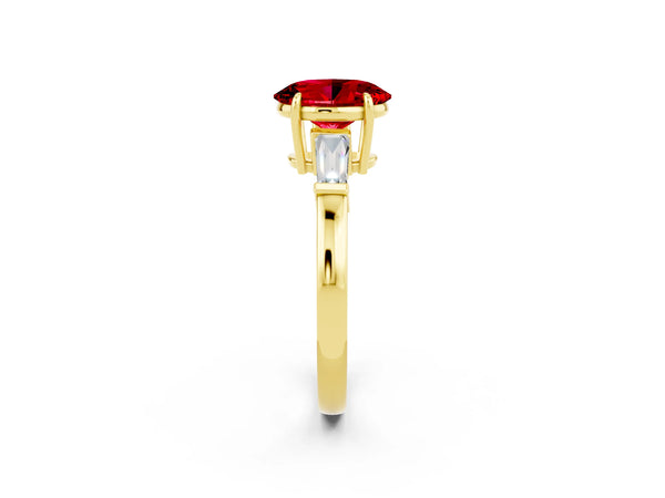Yellow gold Oval Cut Cut Diamond Ring with Tapered Baguette Side Stones in Four-Prong Setting
