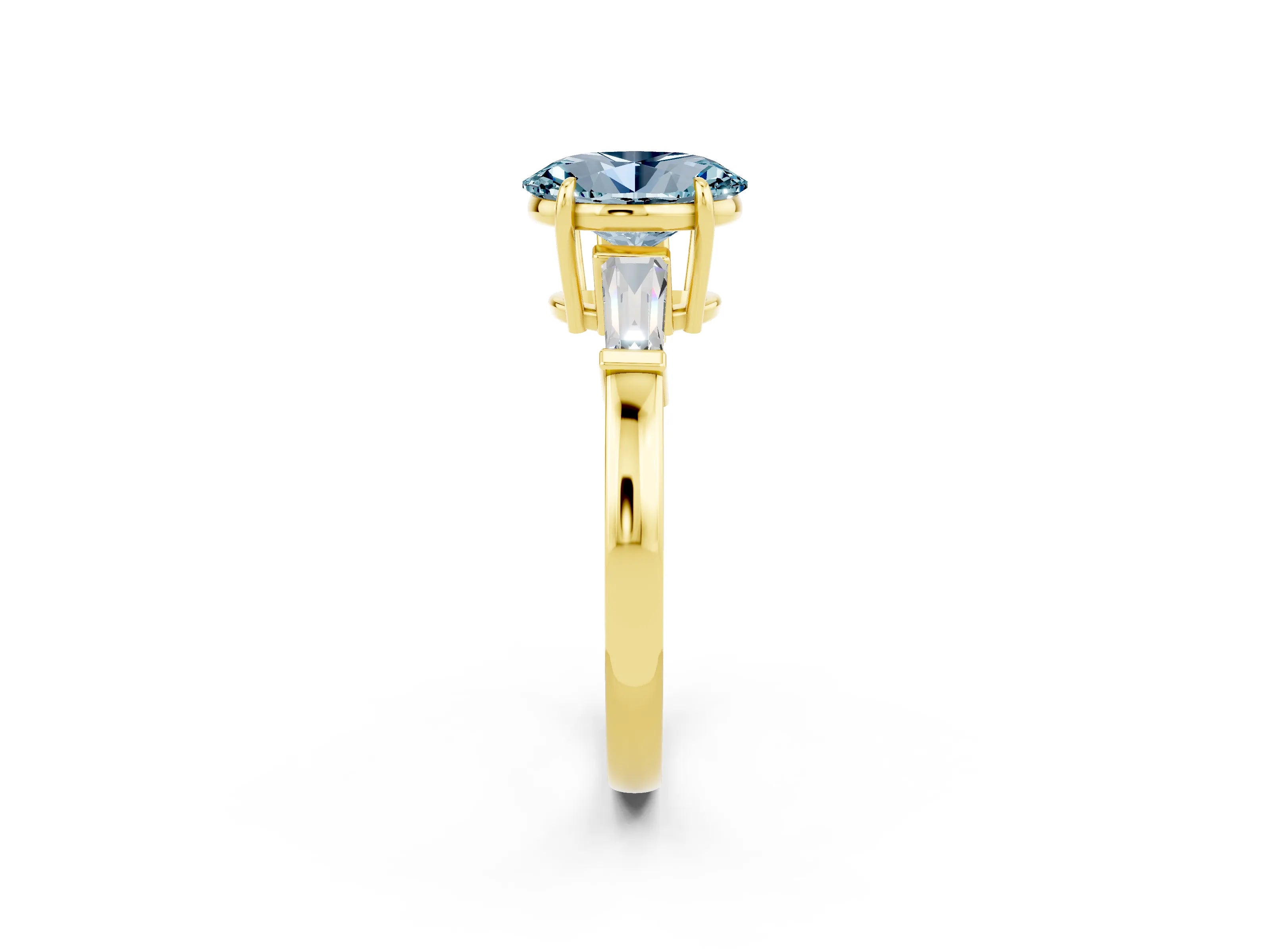 Yellow gold Oval Cut Cut Diamond Ring with Tapered Baguette Side Stones in Four-Prong Setting_2