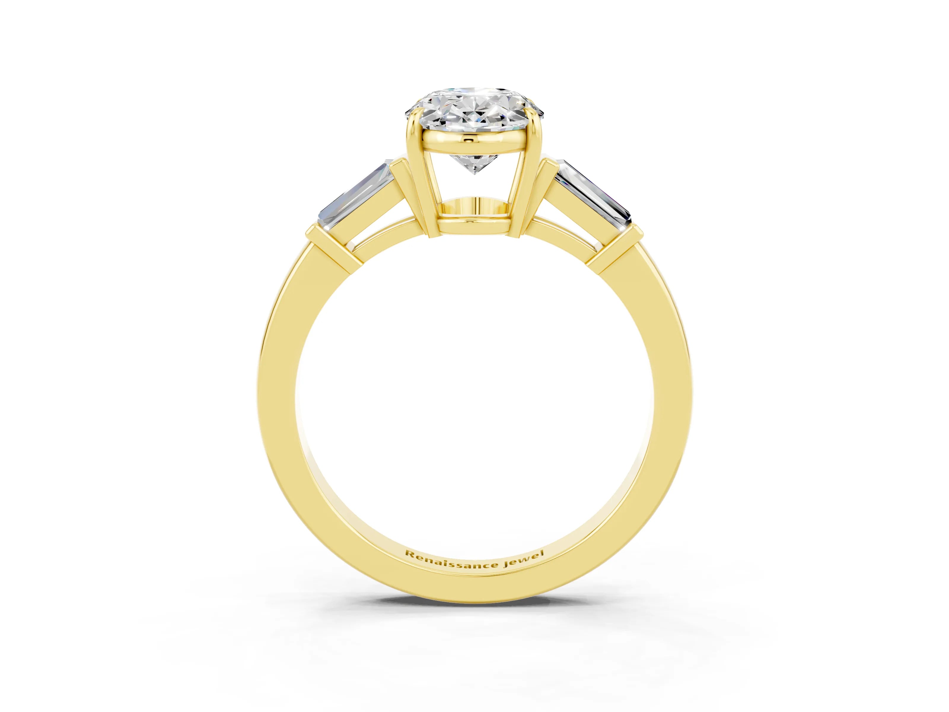 Yellow gold Oval Cut Cut Diamond Ring with Tapered Baguette Side Stones in Four-Prong Setting_3