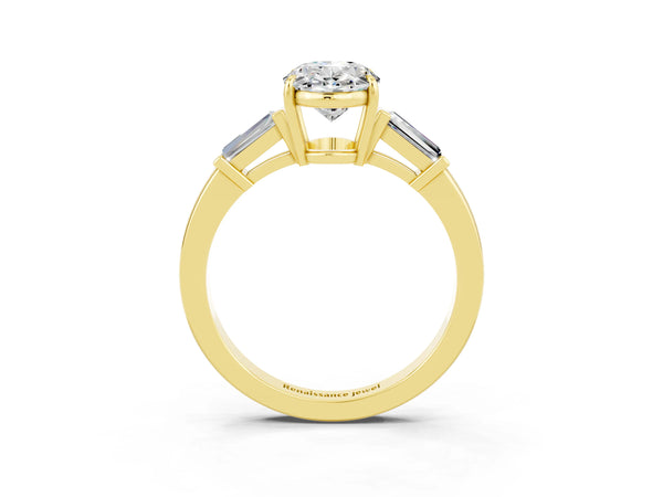 Yellow gold Oval Cut Moissanite Three-Stone Ring with Tapered Baguette Side Stones and Prong Setting