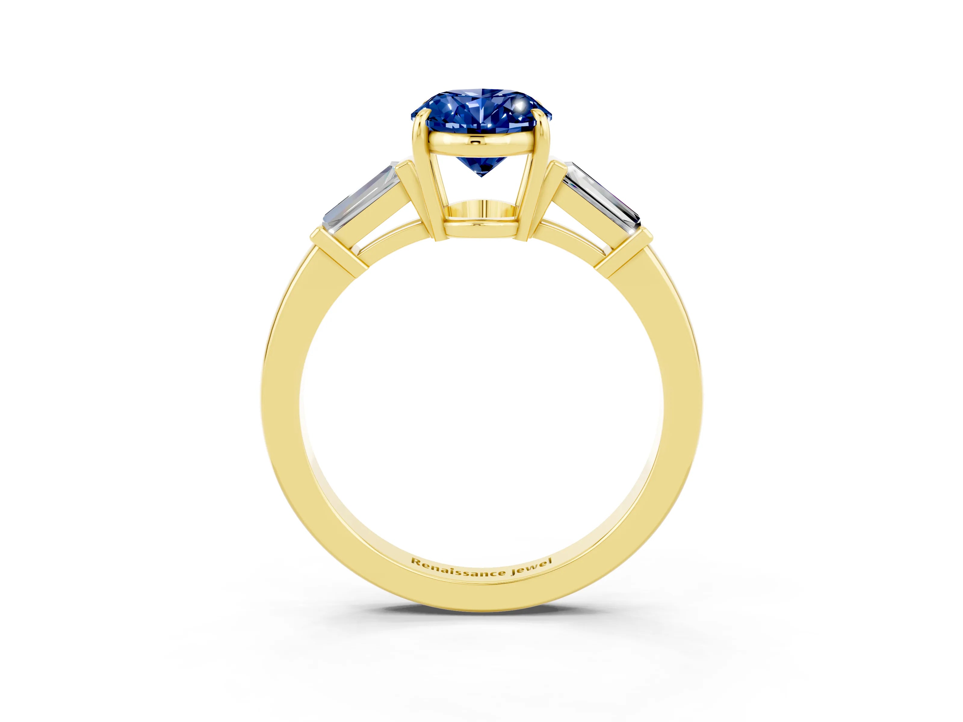 Yellow gold Oval Cut Cut Diamond Ring with Tapered Baguette Side Stones in Four-Prong Setting_3
