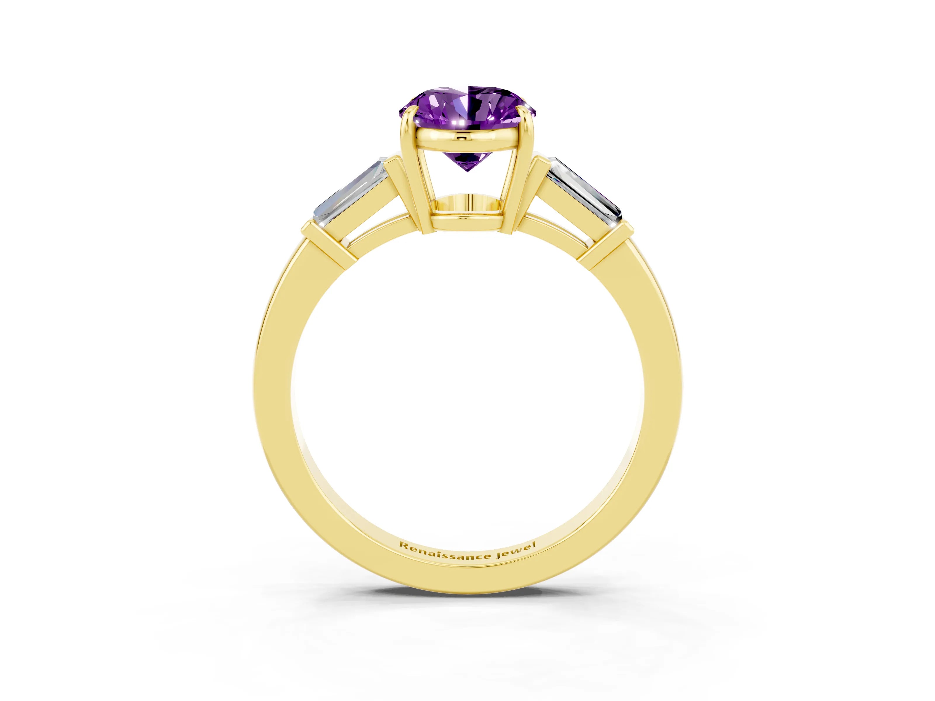Yellow gold Oval Cut Cut Diamond Ring with Tapered Baguette Side Stones in Four-Prong Setting_3