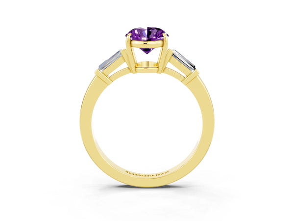 Yellow gold Oval Cut Amethyst Three-Stone Ring with Tapered Baguette Side Stones and Prong Setting