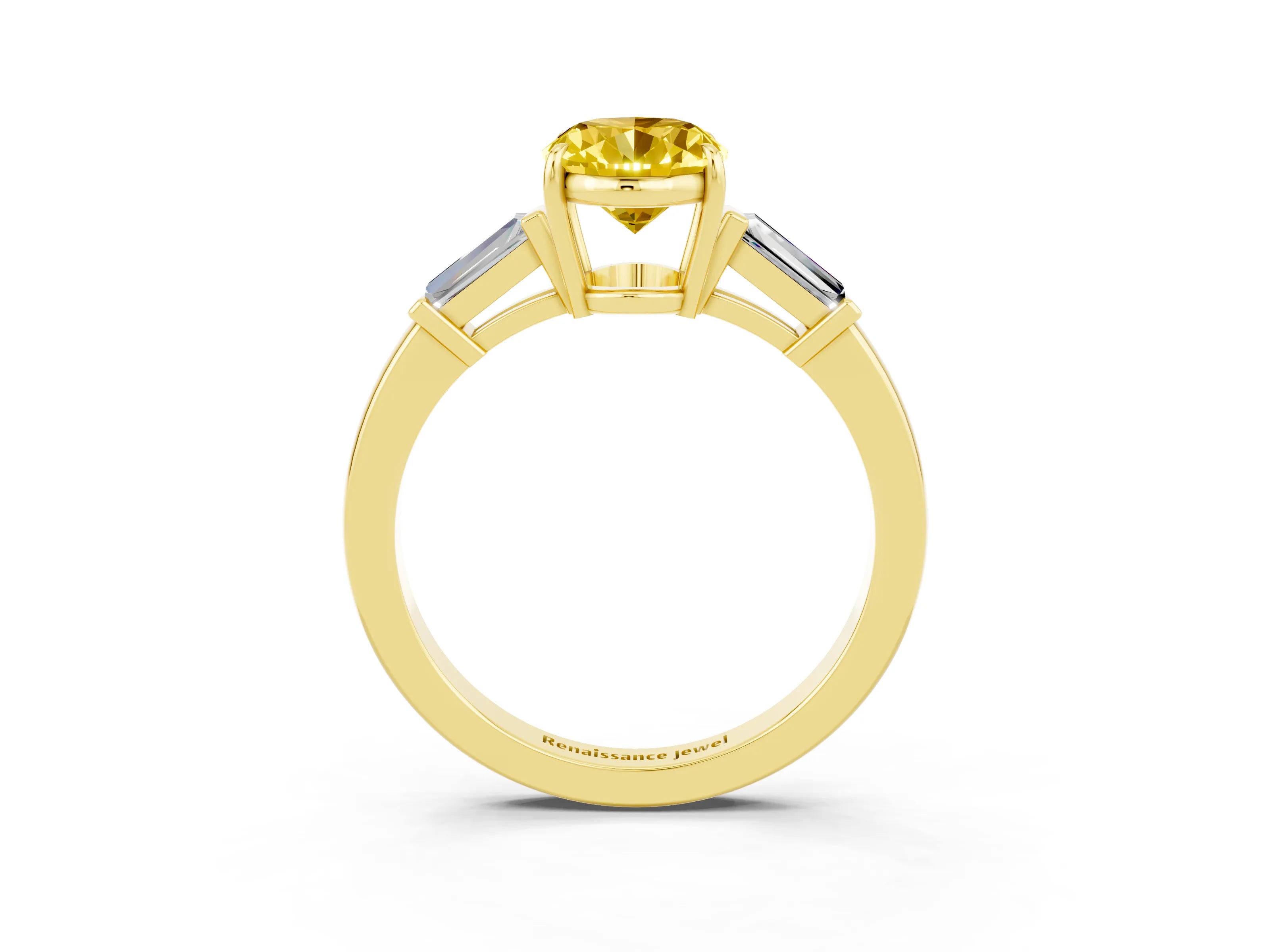Yellow gold Oval Cut Cut Diamond Ring with Tapered Baguette Side Stones in Four-Prong Setting_3