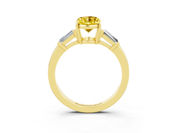 Yellow gold Oval Cut Yellow Sapphire Three-Stone Ring with Tapered Baguette Side Stones and Prong Setting