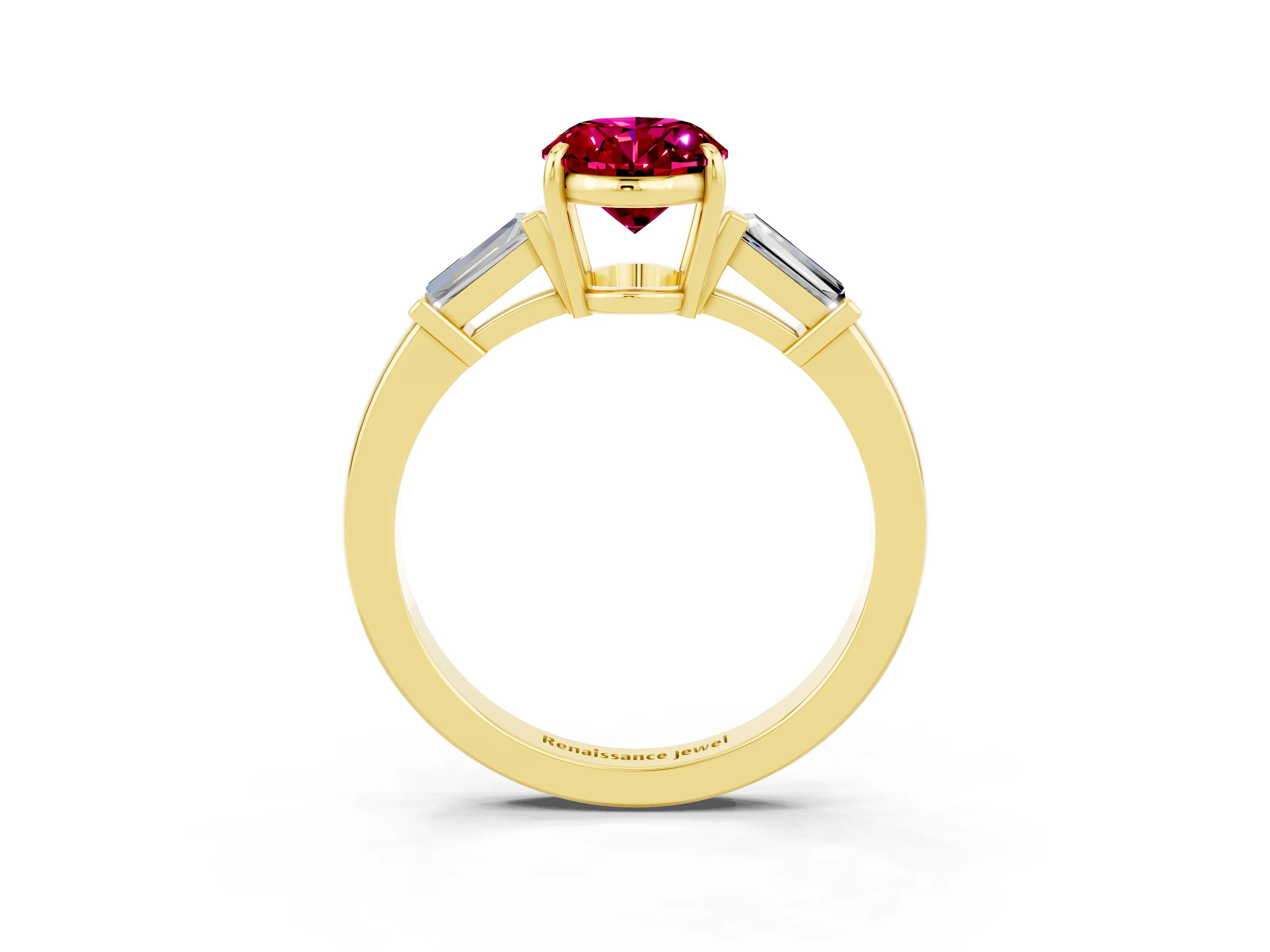 Yellow gold Oval Cut Cut Diamond Ring with Tapered Baguette Side Stones in Four-Prong Setting_3