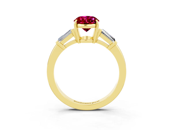 Yellow gold Oval Cut Garnet Three-Stone Ring with Tapered Baguette Side Stones and Prong Setting