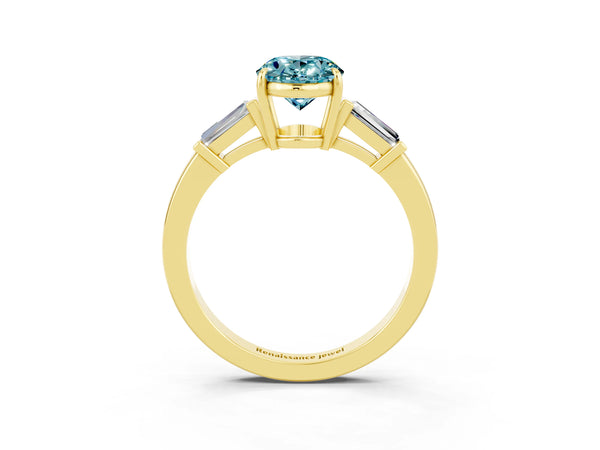 Yellow gold Oval Cut Cut Diamond Ring with Tapered Baguette Side Stones in Four-Prong Setting