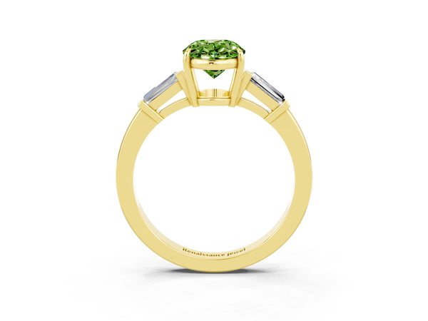Yellow gold Oval Cut Cut Diamond Ring with Tapered Baguette Side Stones in Four-Prong Setting