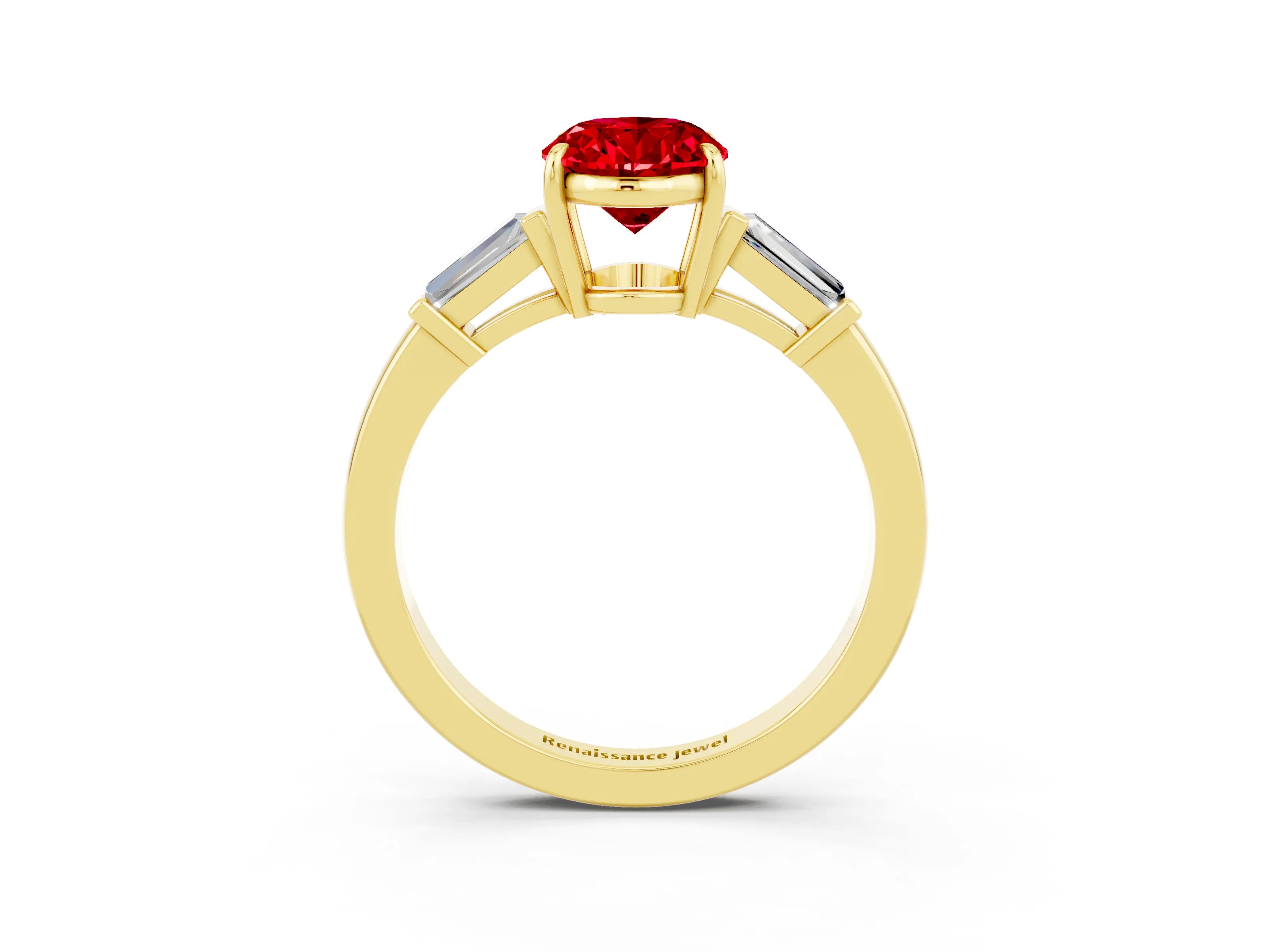 Yellow gold Oval Cut Cut Diamond Ring with Tapered Baguette Side Stones in Four-Prong Setting_3