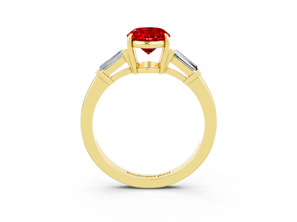 Yellow gold Oval Cut Cut Diamond Ring with Tapered Baguette Side Stones in Four-Prong Setting