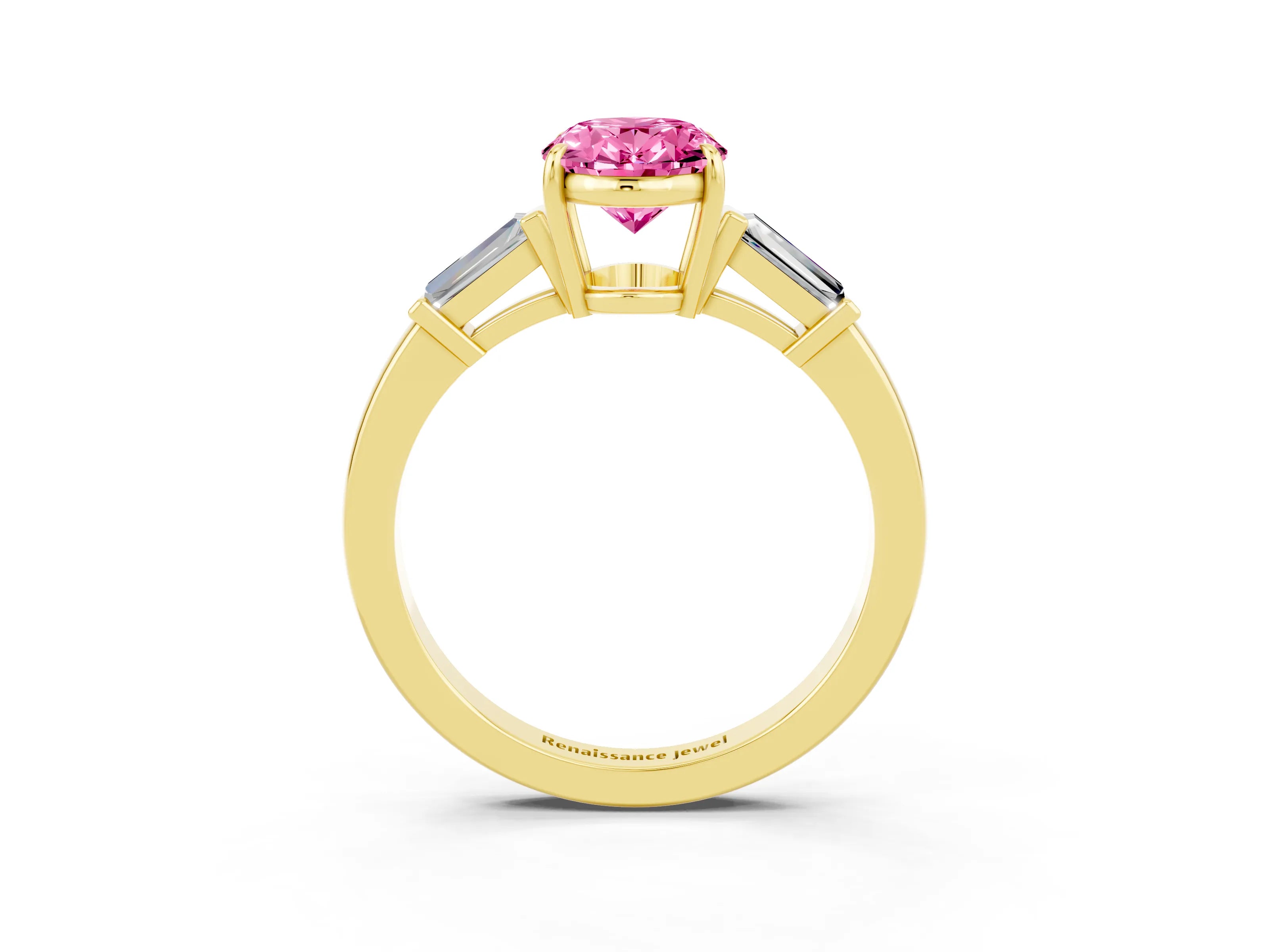 Yellow gold Oval Cut Cut Diamond Ring with Tapered Baguette Side Stones in Four-Prong Setting_3