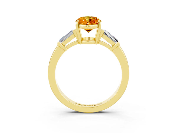 Yellow gold Oval Cut Citrine Three-Stone Ring with Tapered Baguette Side Stones and Prong Setting