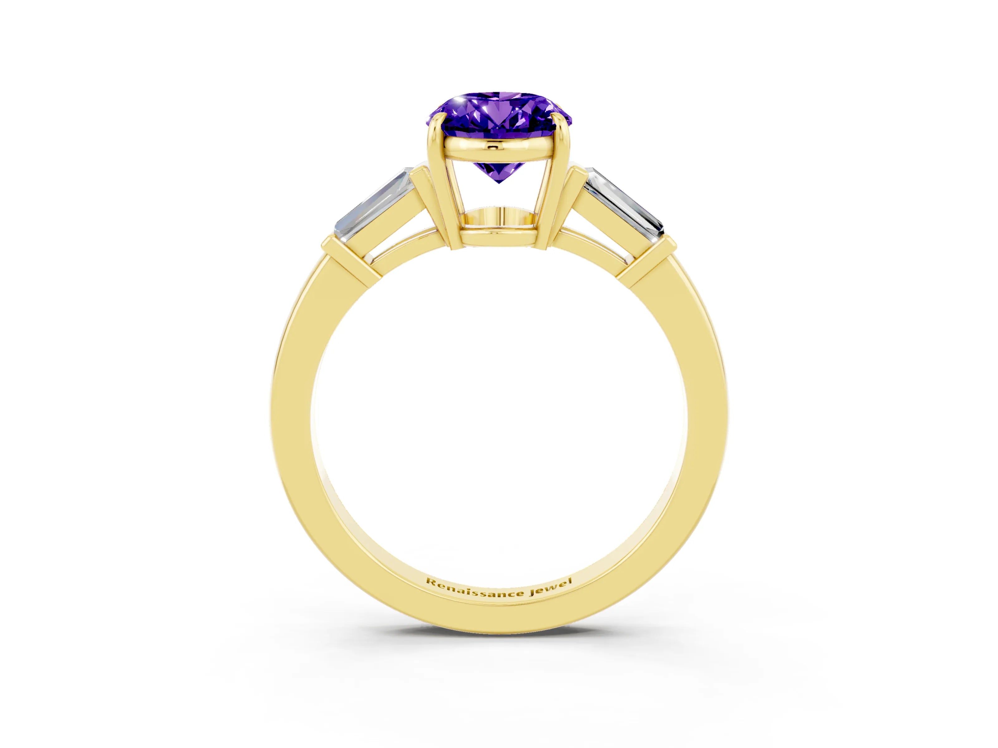 Yellow gold Oval Cut Cut Diamond Ring with Tapered Baguette Side Stones in Four-Prong Setting_3