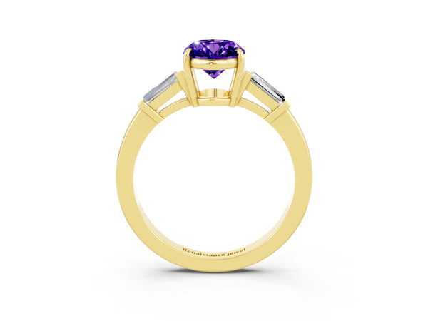 Yellow gold Oval Cut Tanzanite Three-Stone Ring with Tapered Baguette Side Stones and Prong Setting