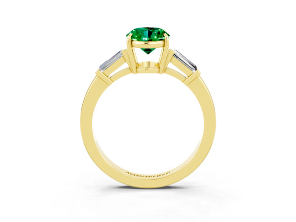 Yellow gold Oval Cut Emerald Three-Stone Ring with Tapered Baguette Side Stones and Prong Setting