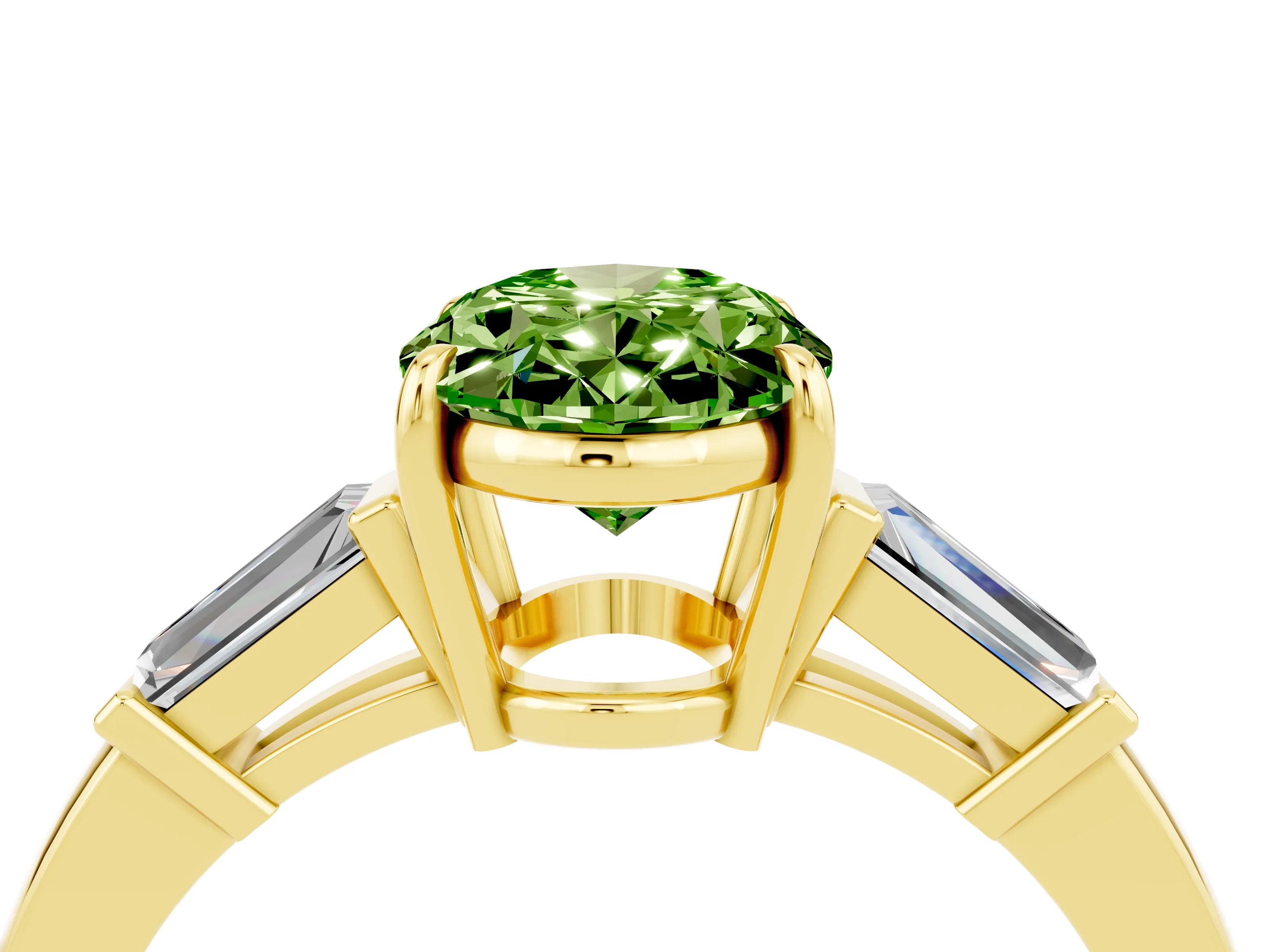 Yellow gold Oval Cut Cut Diamond Ring with Tapered Baguette Side Stones in Four-Prong Setting_4