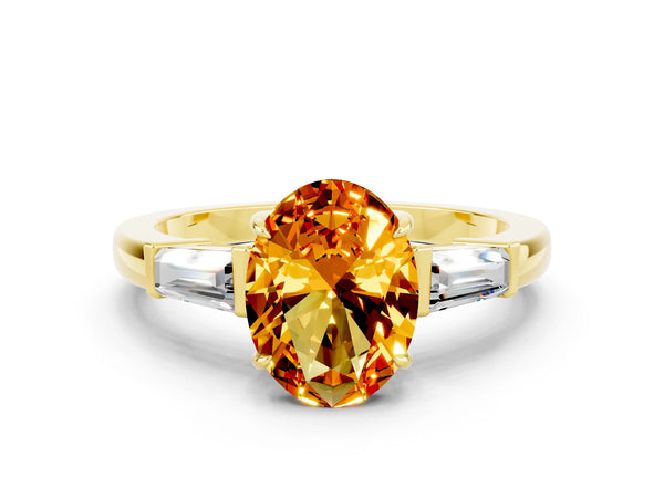 Yellow gold Oval Cut Citrine Three-Stone Ring with Tapered Baguette Side Stones and Prong Setting