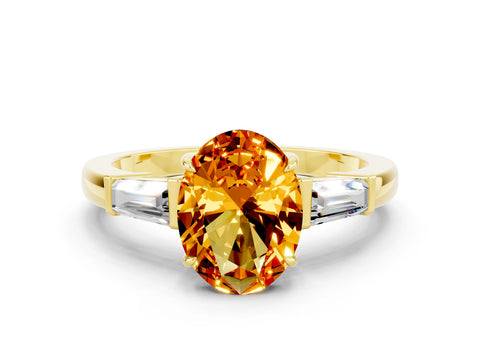 Yellow gold Oval Cut Cut Diamond Ring with Tapered Baguette Side Stones in Four-Prong Setting