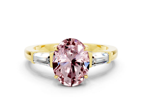 Yellow gold Oval Cut Cut Diamond Ring with Tapered Baguette Side Stones in Four-Prong Setting