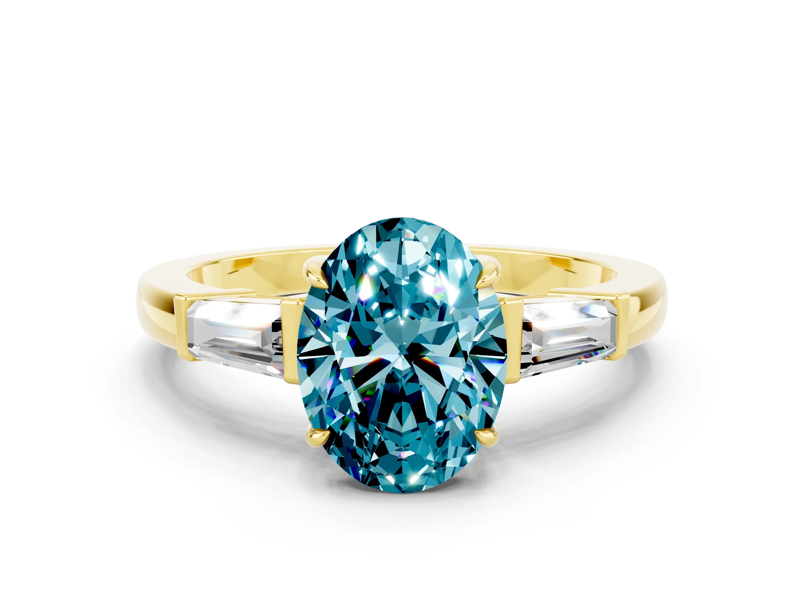Yellow gold Oval Cut Cut Diamond Ring with Tapered Baguette Side Stones in Four-Prong Setting