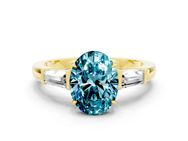 Yellow gold Oval Cut Cut Diamond Ring with Tapered Baguette Side Stones in Four-Prong Setting