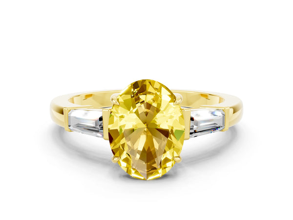 Yellow gold Oval Cut Yellow Sapphire Three-Stone Ring with Tapered Baguette Side Stones and Prong Setting