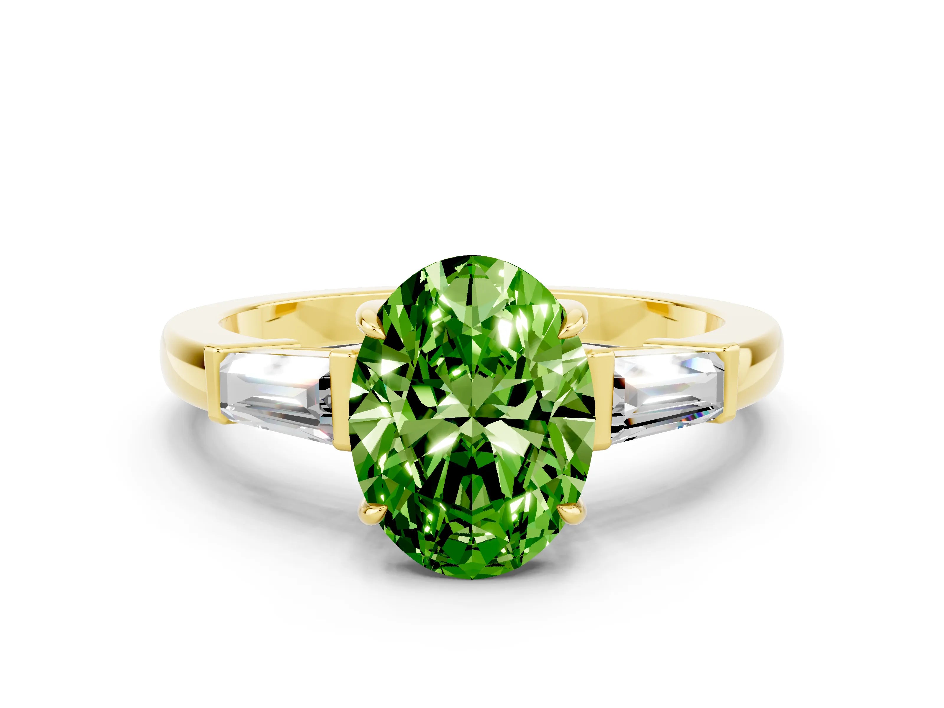 Yellow gold Oval Cut Cut Diamond Ring with Tapered Baguette Side Stones in Four-Prong Setting