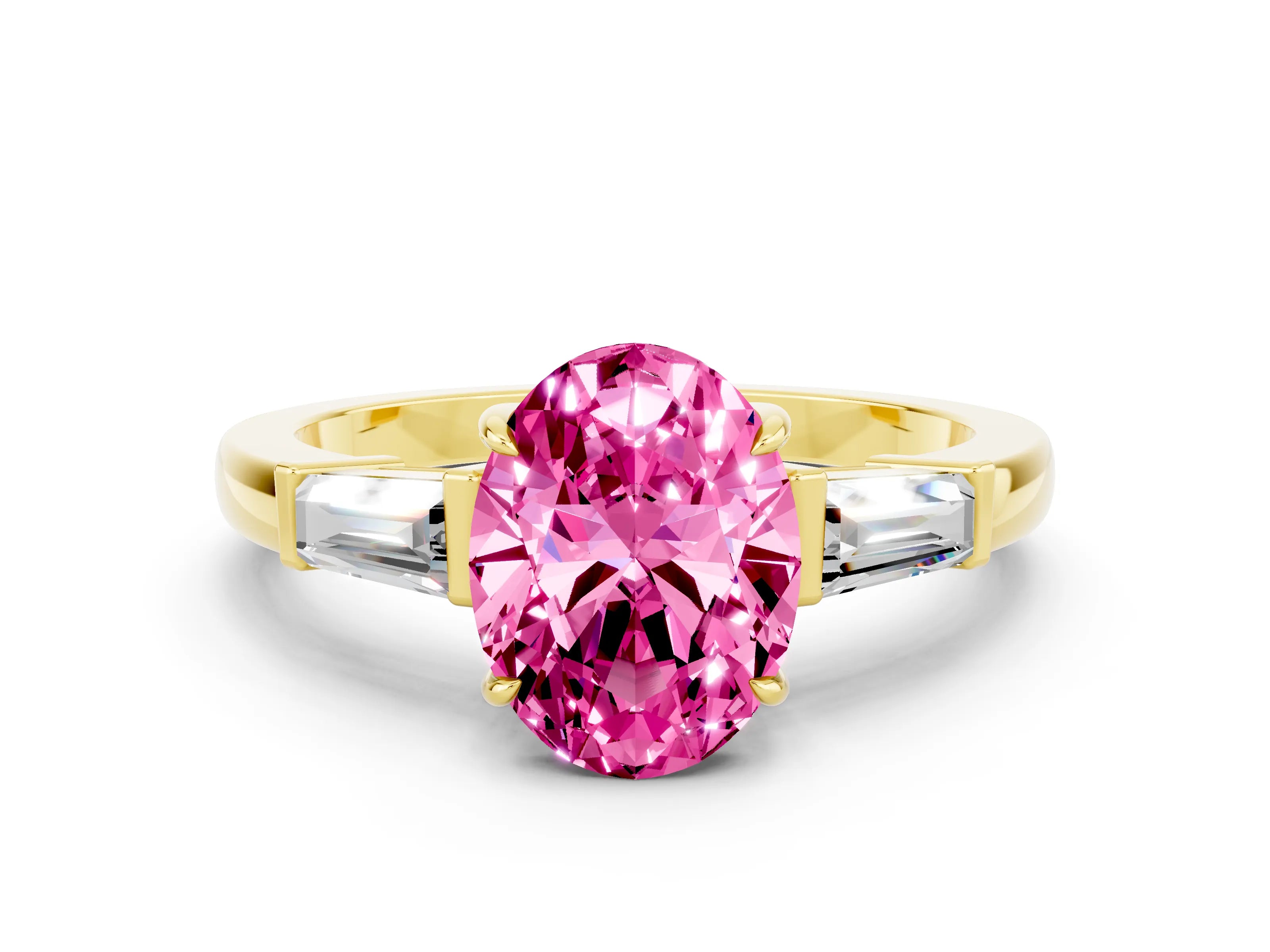 Yellow gold Oval Cut Cut Diamond Ring with Tapered Baguette Side Stones in Four-Prong Setting
