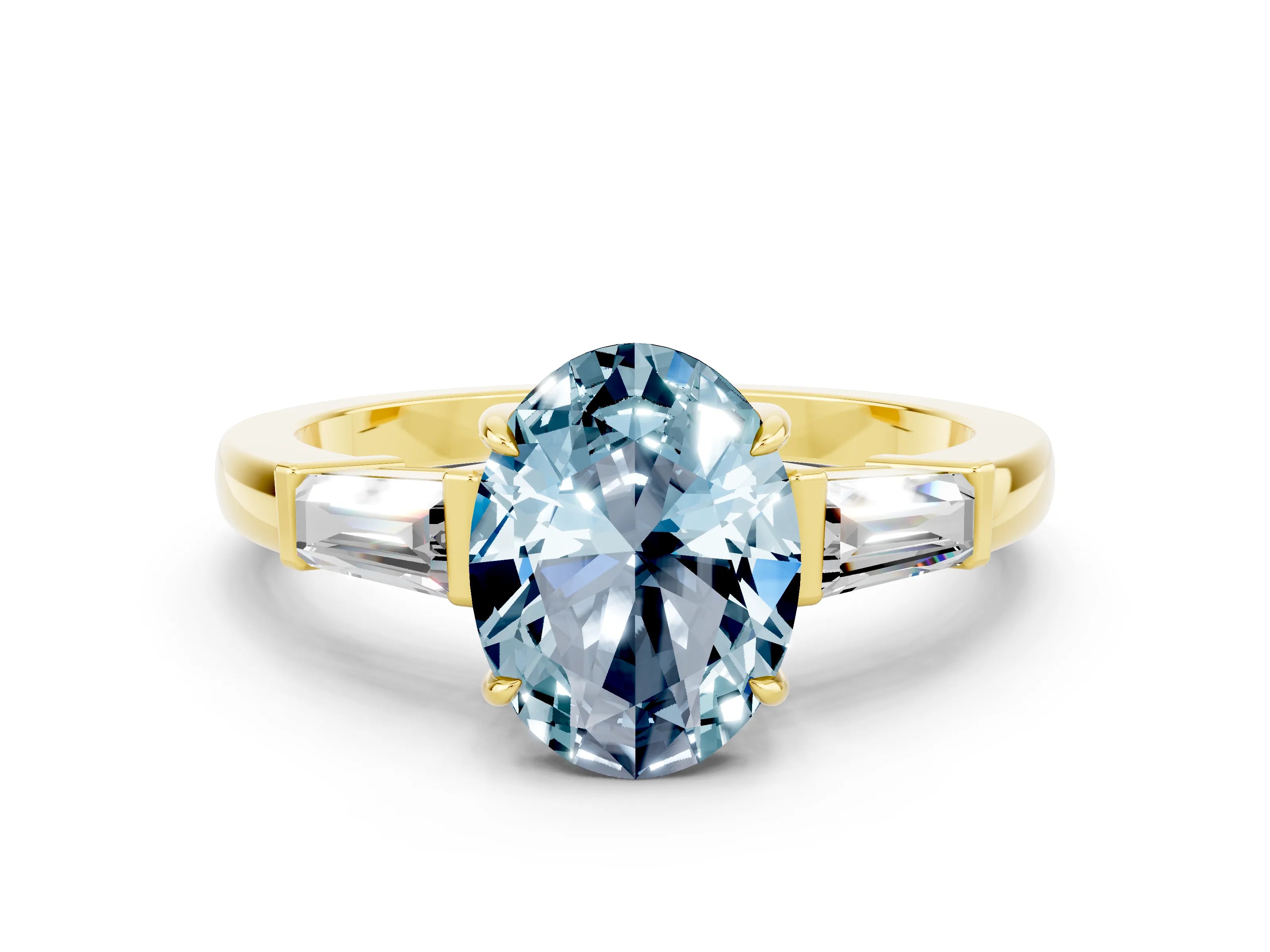 Yellow gold Oval Cut Cut Diamond Ring with Tapered Baguette Side Stones in Four-Prong Setting