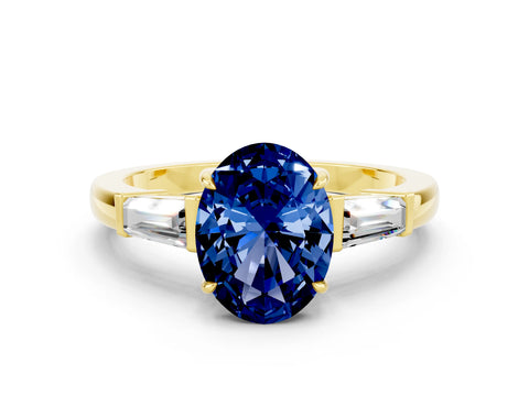 Yellow gold Oval Cut Cut Diamond Ring with Tapered Baguette Side Stones in Four-Prong Setting