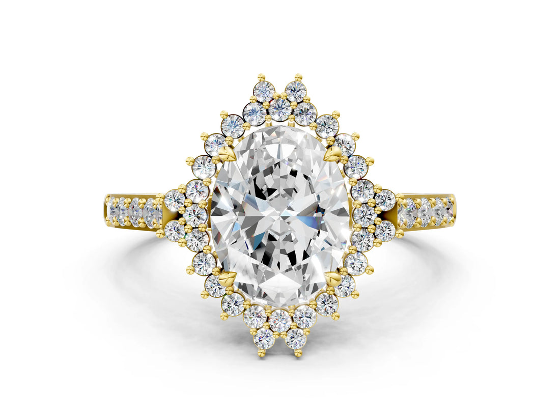 Yellow gold Oval Cut Cut Diamond Sunburst Halo Engagement Ring with Pavé Band_3