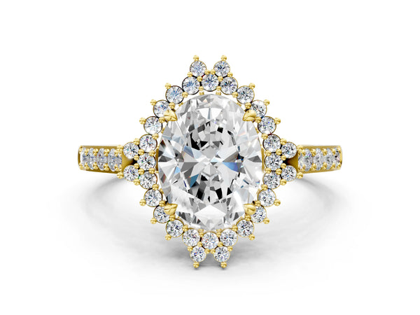 Yellow gold Oval Cut Diamond Sunburst Halo Engagement Ring with Pavé Band