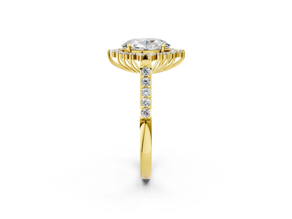 Yellow gold Oval Cut Diamond Sunburst Halo Engagement Ring with Pavé Band