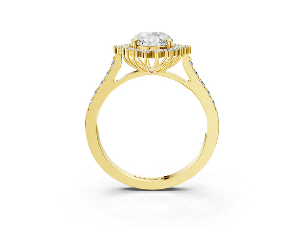 Yellow gold Oval Cut Diamond Sunburst Halo Engagement Ring with Pavé Band