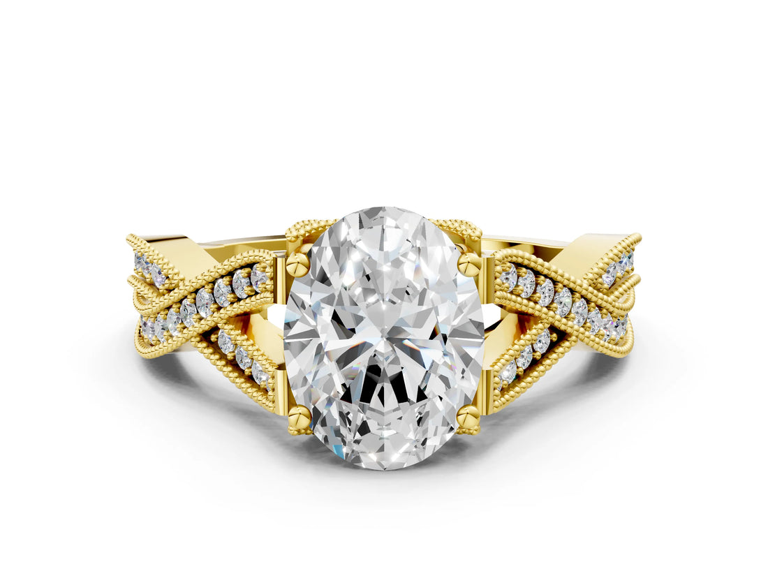 Yellow gold Oval Cut Cut Diamond Twisted Band with Milgrain Pave Setting and Four-Prong Setting_6