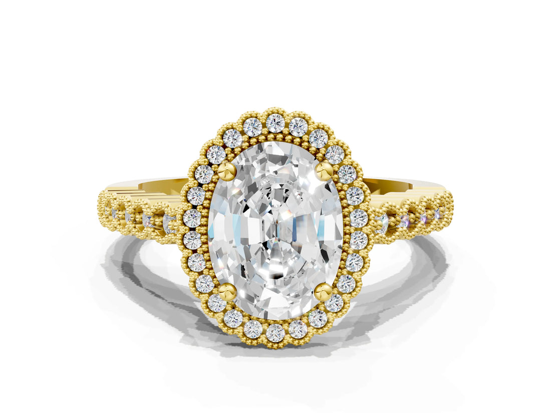 Yellow gold Oval Cut Cut Halo Pavé Solitaire Ring with Milgrain Band_7