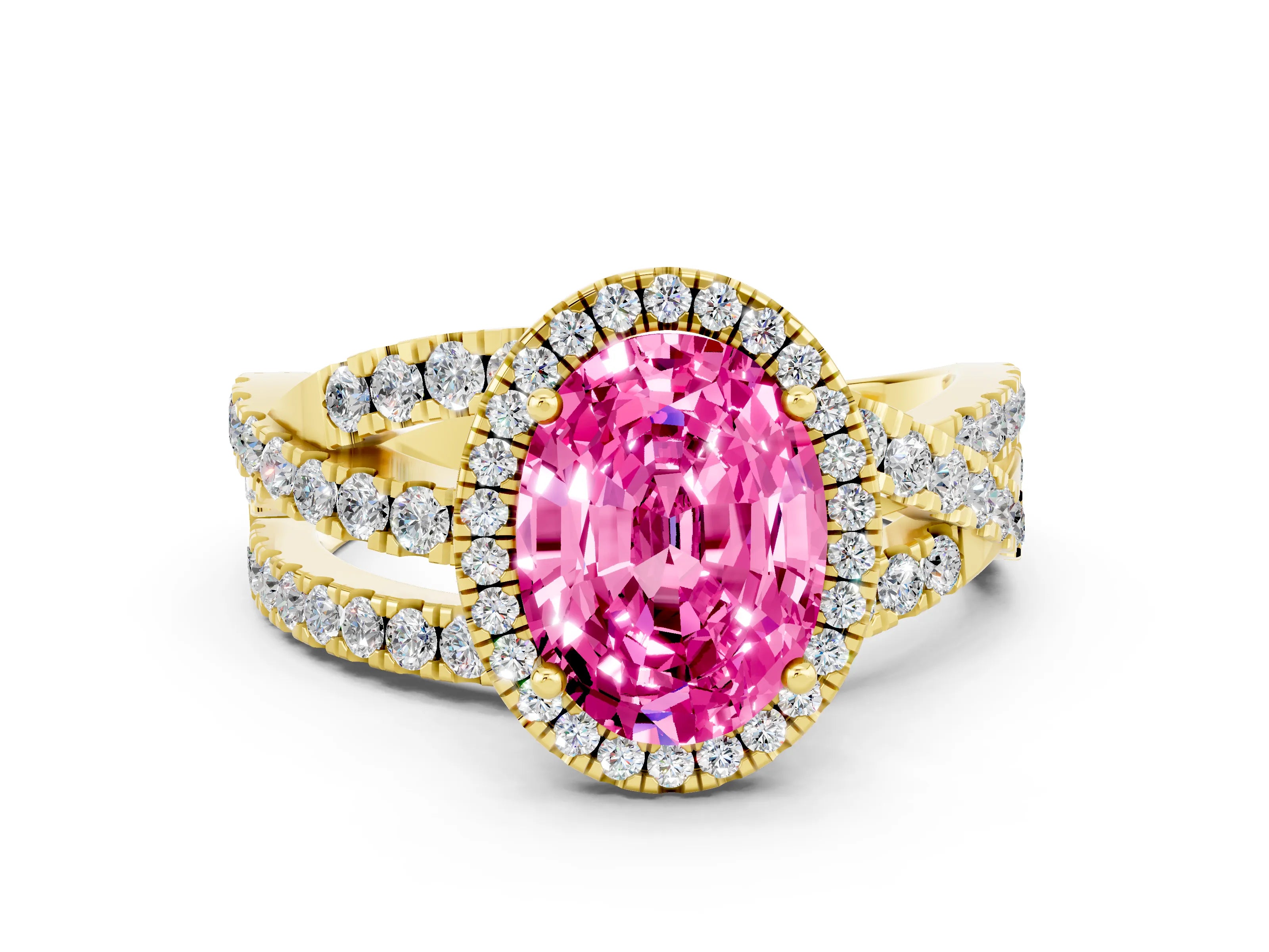 Yellow gold Oval Cut Cut Halo Split Shank Prong Setting Ring