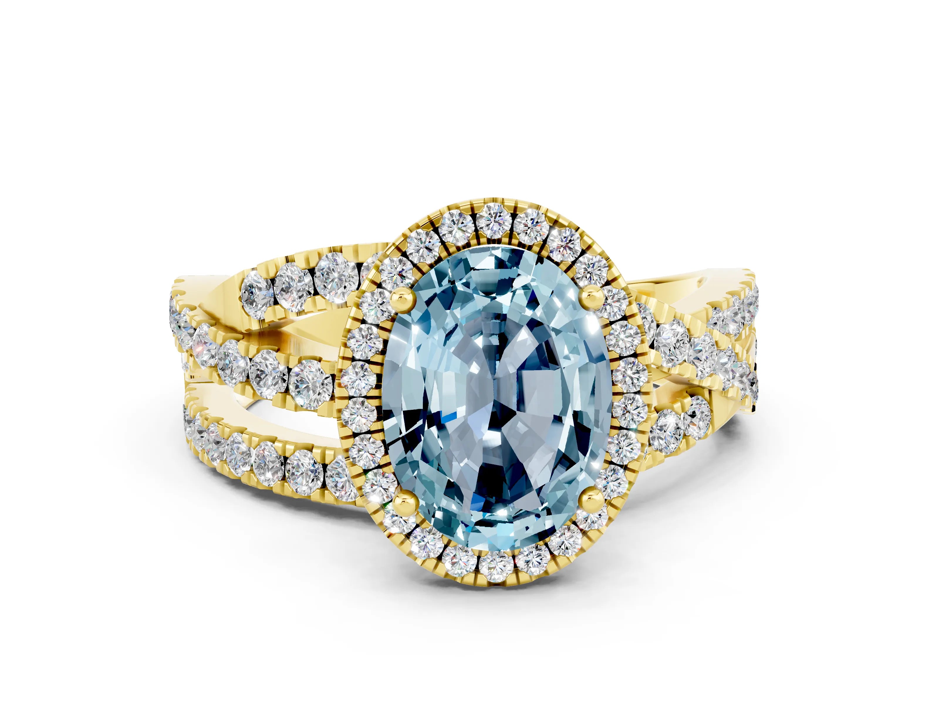 Yellow gold Oval Cut Cut Halo Split Shank Prong Setting Ring