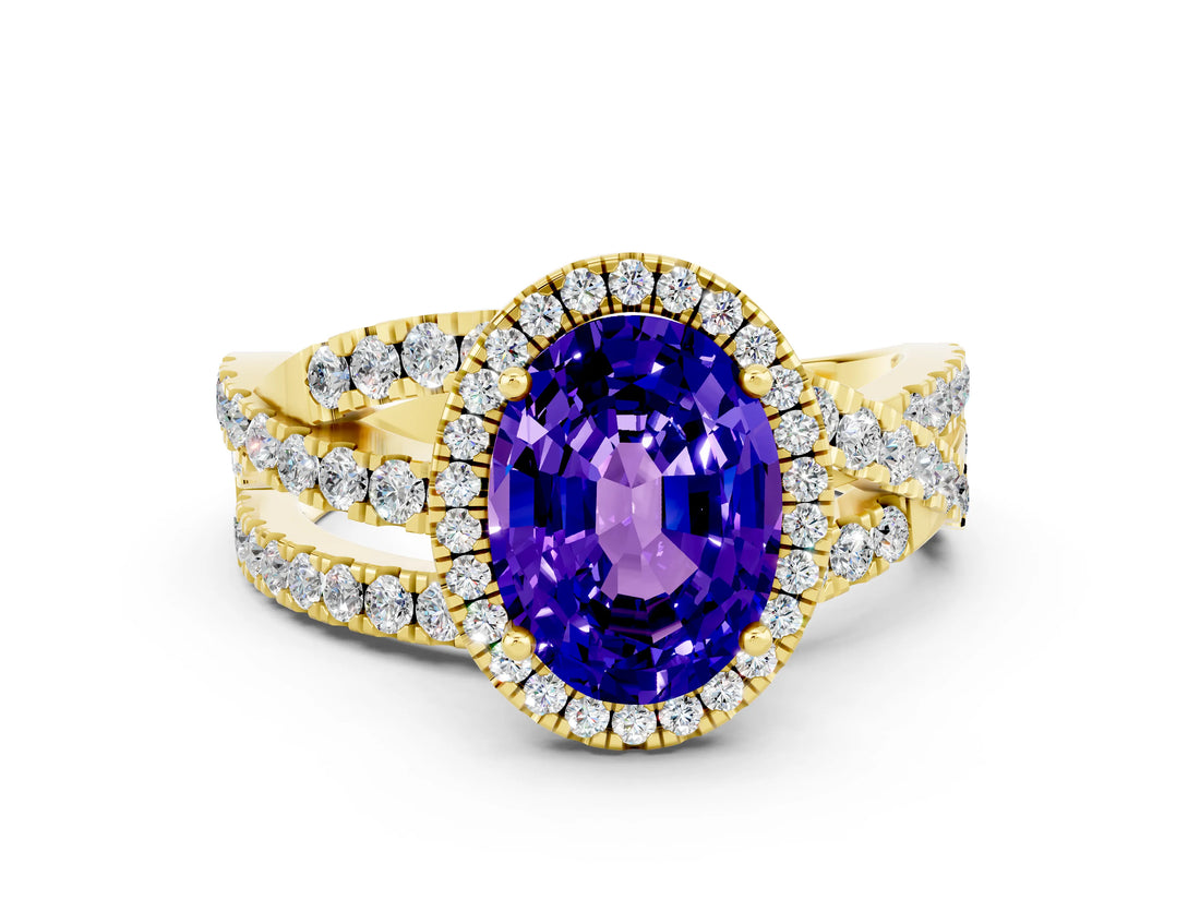 Yellow gold Oval Cut Cut Halo Split Shank Prong Setting Ring