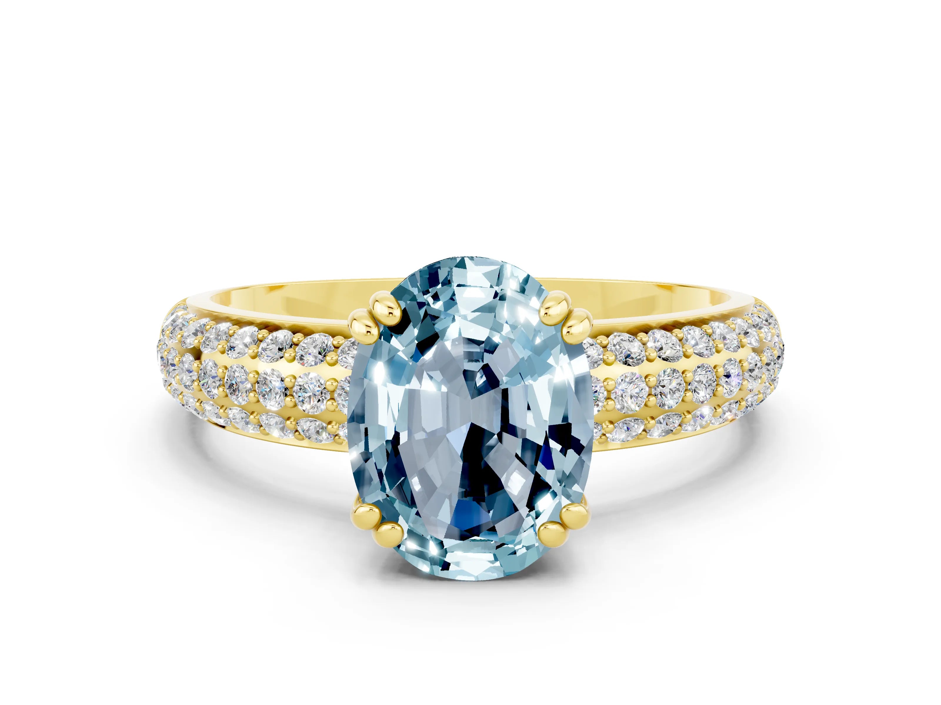 Yellow gold Oval Cut Cut Pave Diamond Engagement Ring with Channel Set Band and Four-Prong Setting