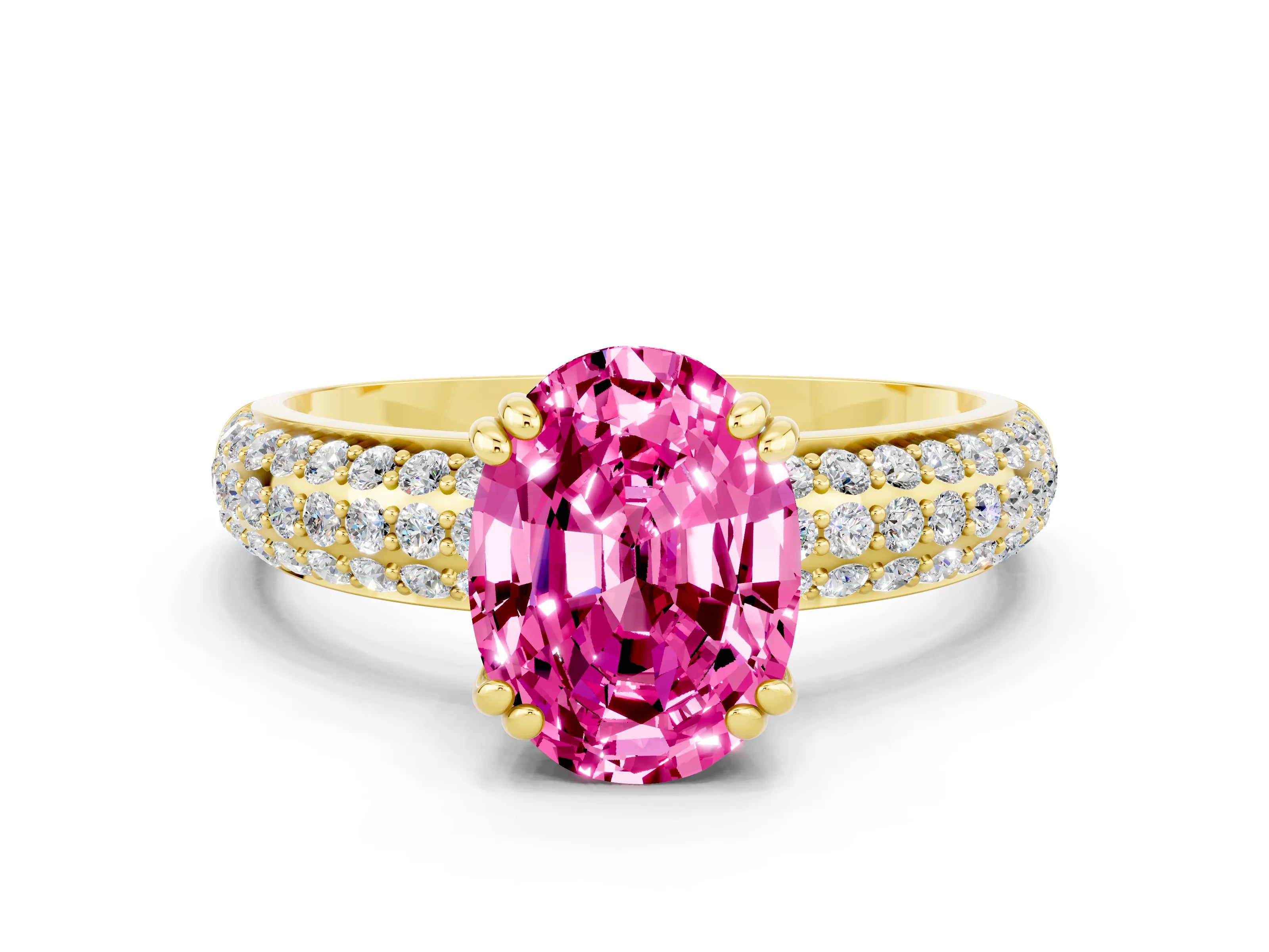 Yellow gold Oval Cut Cut Pave Diamond Engagement Ring with Channel Set Band and Four-Prong Setting
