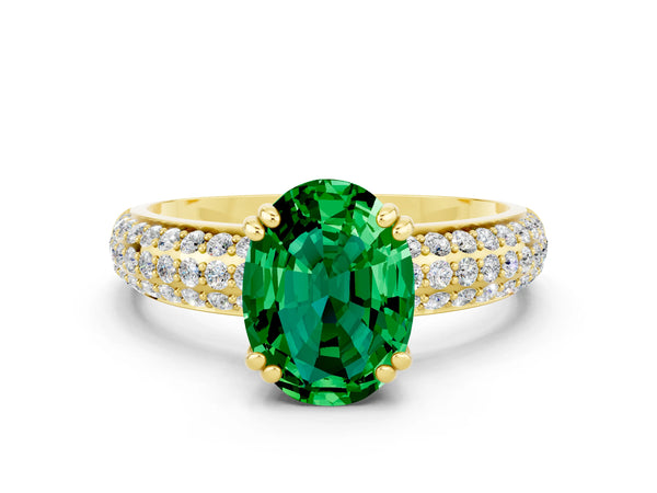 Yellow gold Oval Cut Emerald Solitaire Ring with Multi-Row Round Pavé Band and Prong Setting