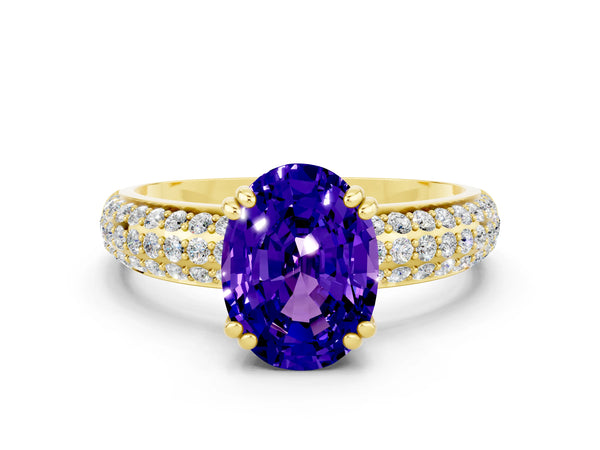 Yellow gold Oval Cut Tanzanite Solitaire Ring with Multi-Row Round Pavé Band and Prong Setting