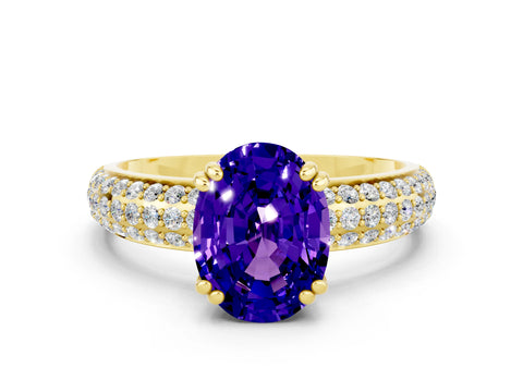 Yellow gold Oval Cut Cut Pave Diamond Engagement Ring with Channel Set Band and Four-Prong Setting
