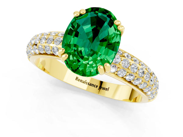 Yellow gold Oval Cut Emerald Solitaire Ring with Multi-Row Round Pavé Band and Prong Setting